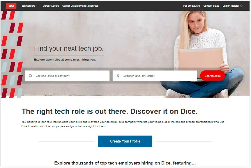 Dice tech job search platform showing IT and programming job listings