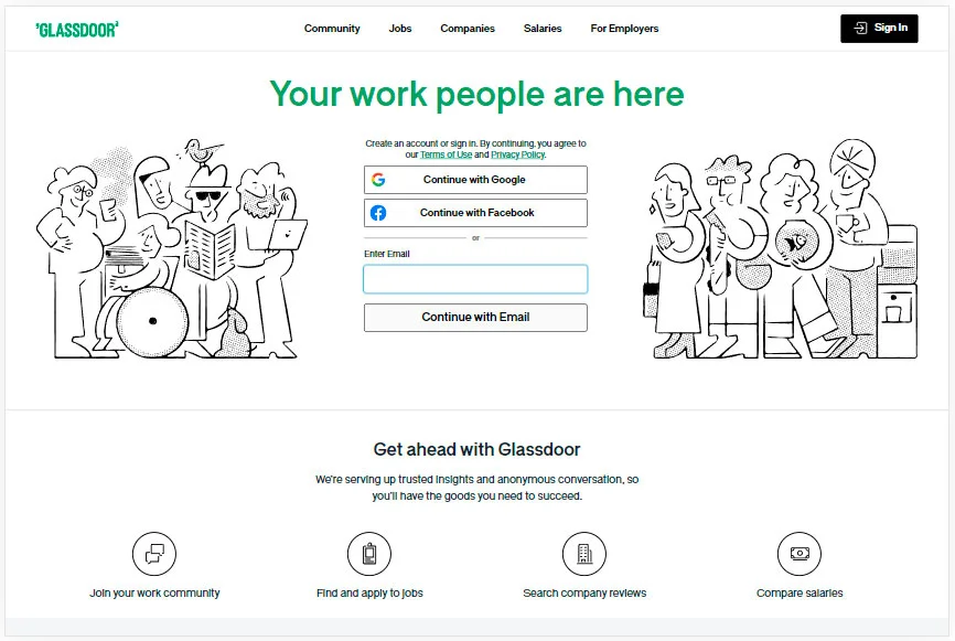 Glassdoor app interface displaying company reviews, salary data, and interview insights