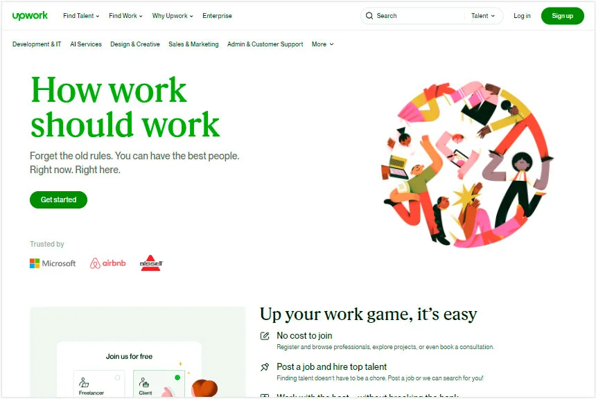 Upwork freelance marketplace showing project listings and client-freelancer connections