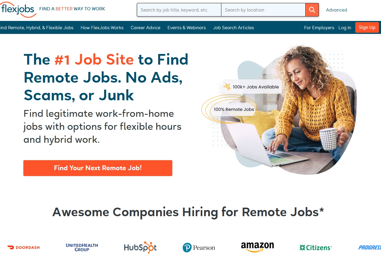 FlexJobs remote work platform showing verified remote job listings