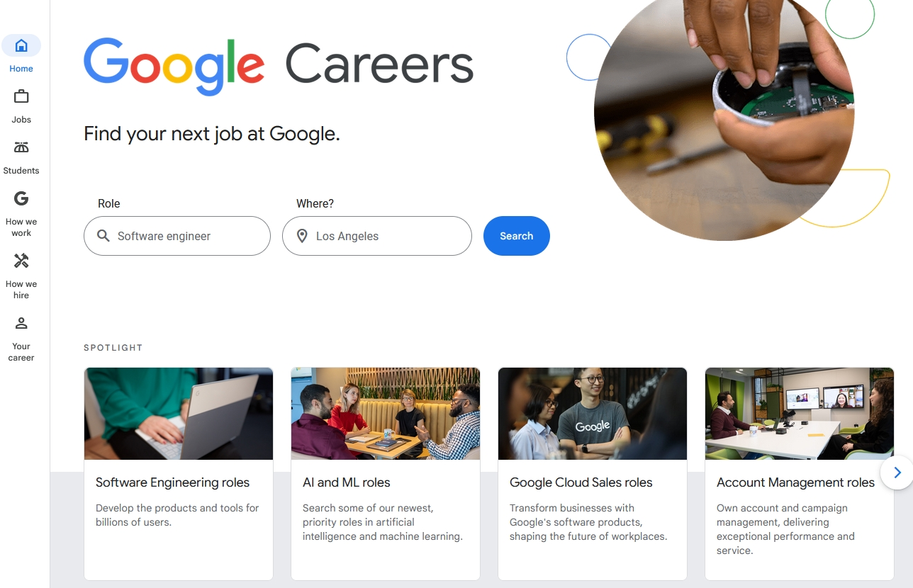 Google for Jobs search interface showing aggregated job listings from multiple sources